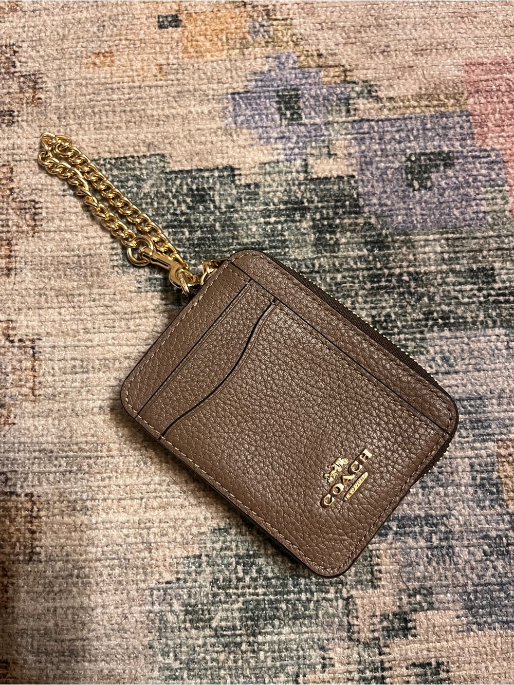 Coach Brown/Taupe Pebbled Leather Card Holder with Gold Chain